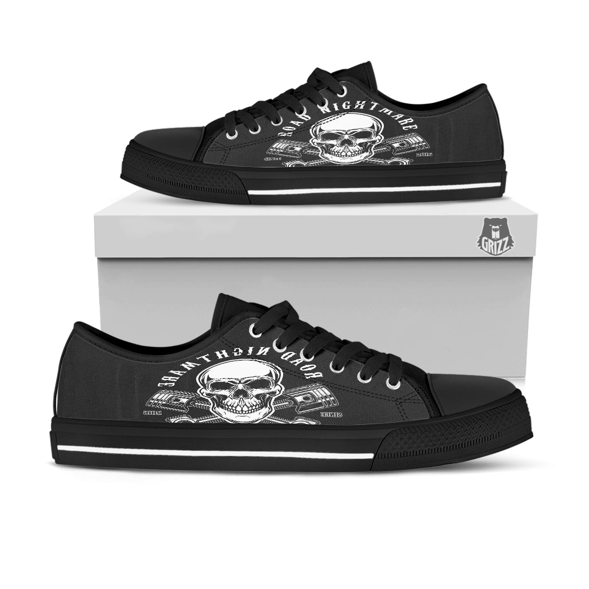 Piston Skull Mechanic Cross Print Black Low Top Shoes-grizzshop
