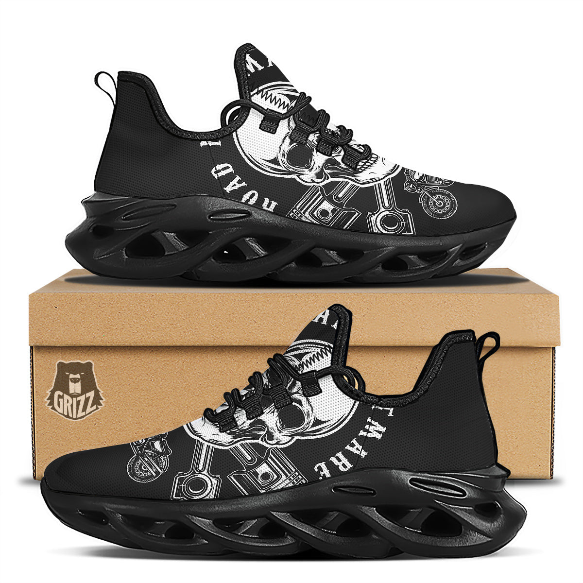 Piston Skull Mechanic Cross Print Black Running Shoes-grizzshop