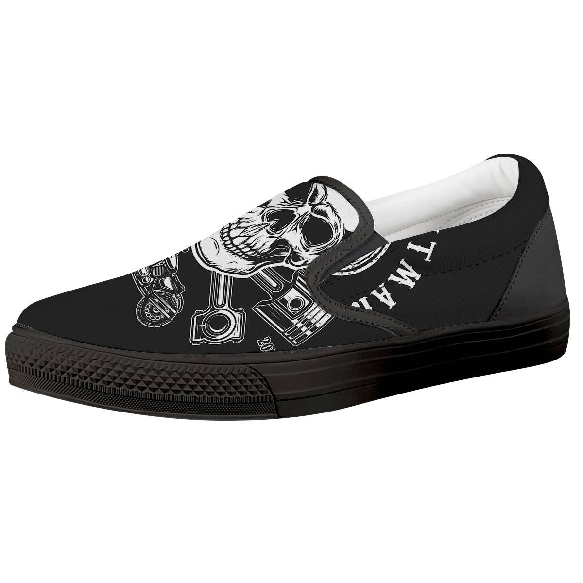 Piston Skull Mechanic Cross Print Black Slip On Shoes-grizzshop