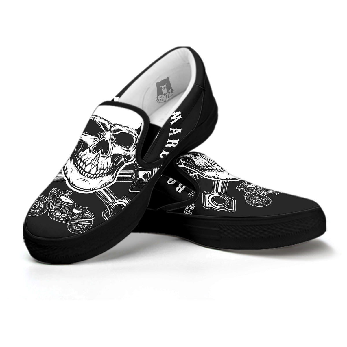 Piston Skull Mechanic Cross Print Black Slip On Shoes-grizzshop
