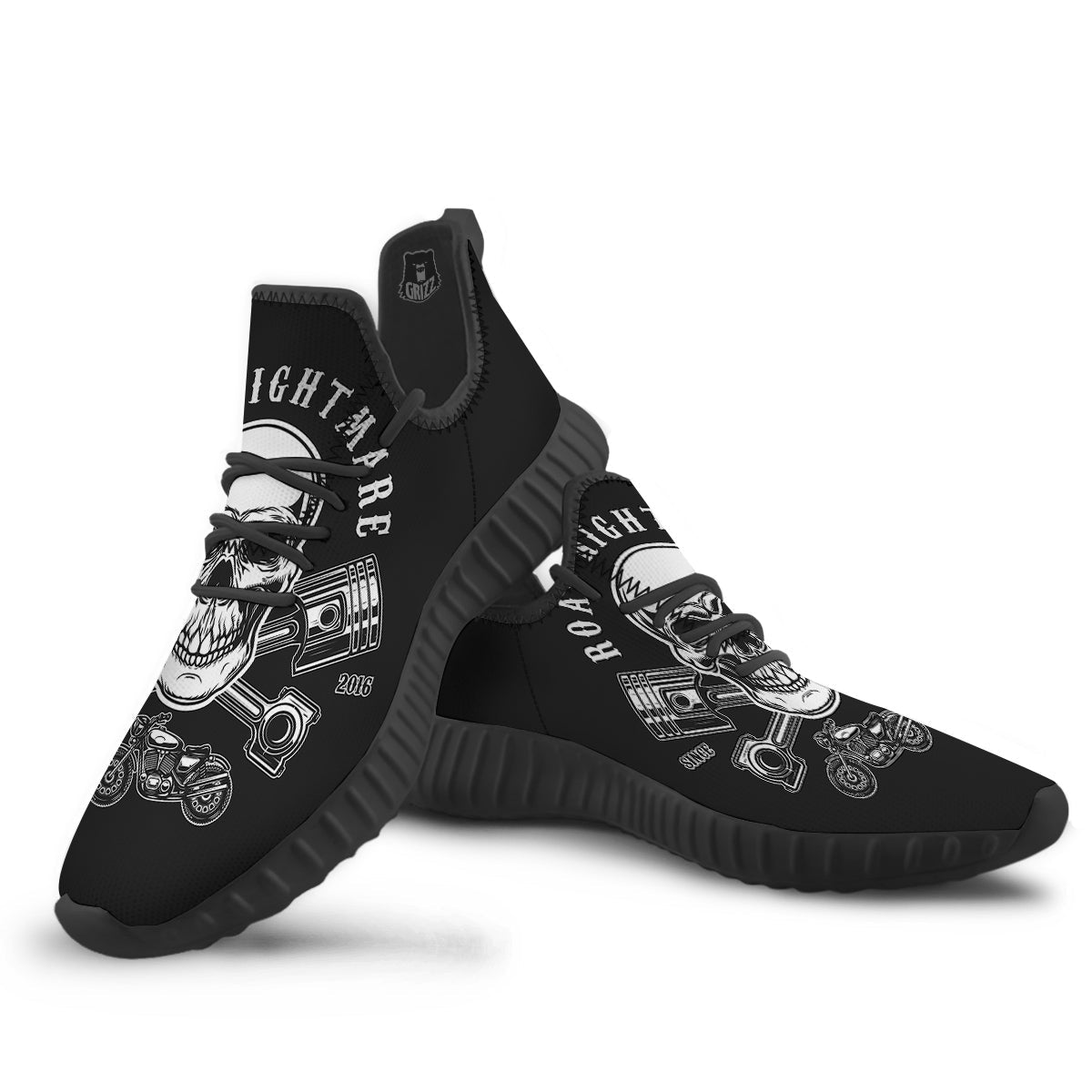 Piston Skull Mechanic Cross Print Black Walking Shoes-grizzshop