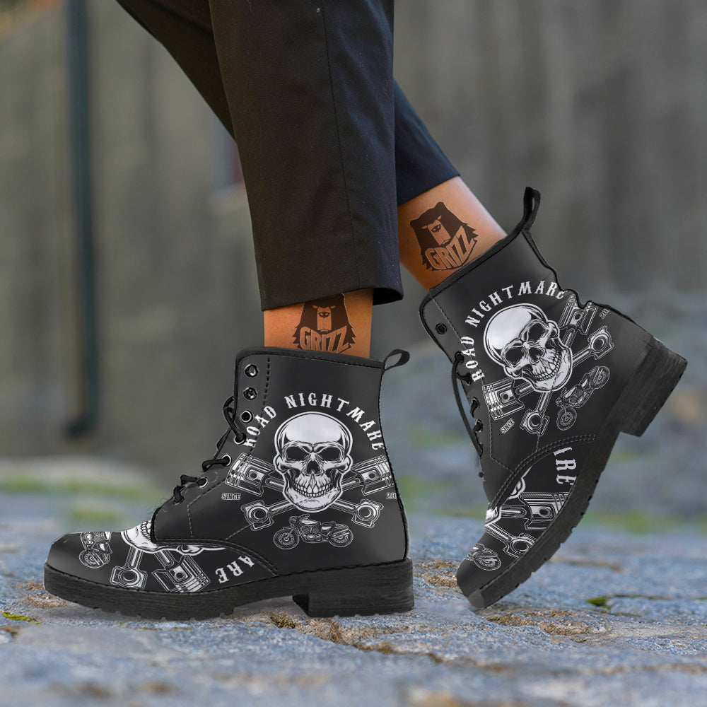 Piston Skull Mechanic Cross Print Leather Boots-grizzshop