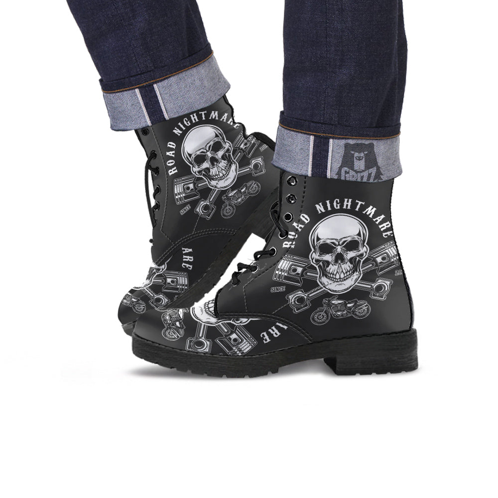 Piston Skull Mechanic Cross Print Leather Boots-grizzshop