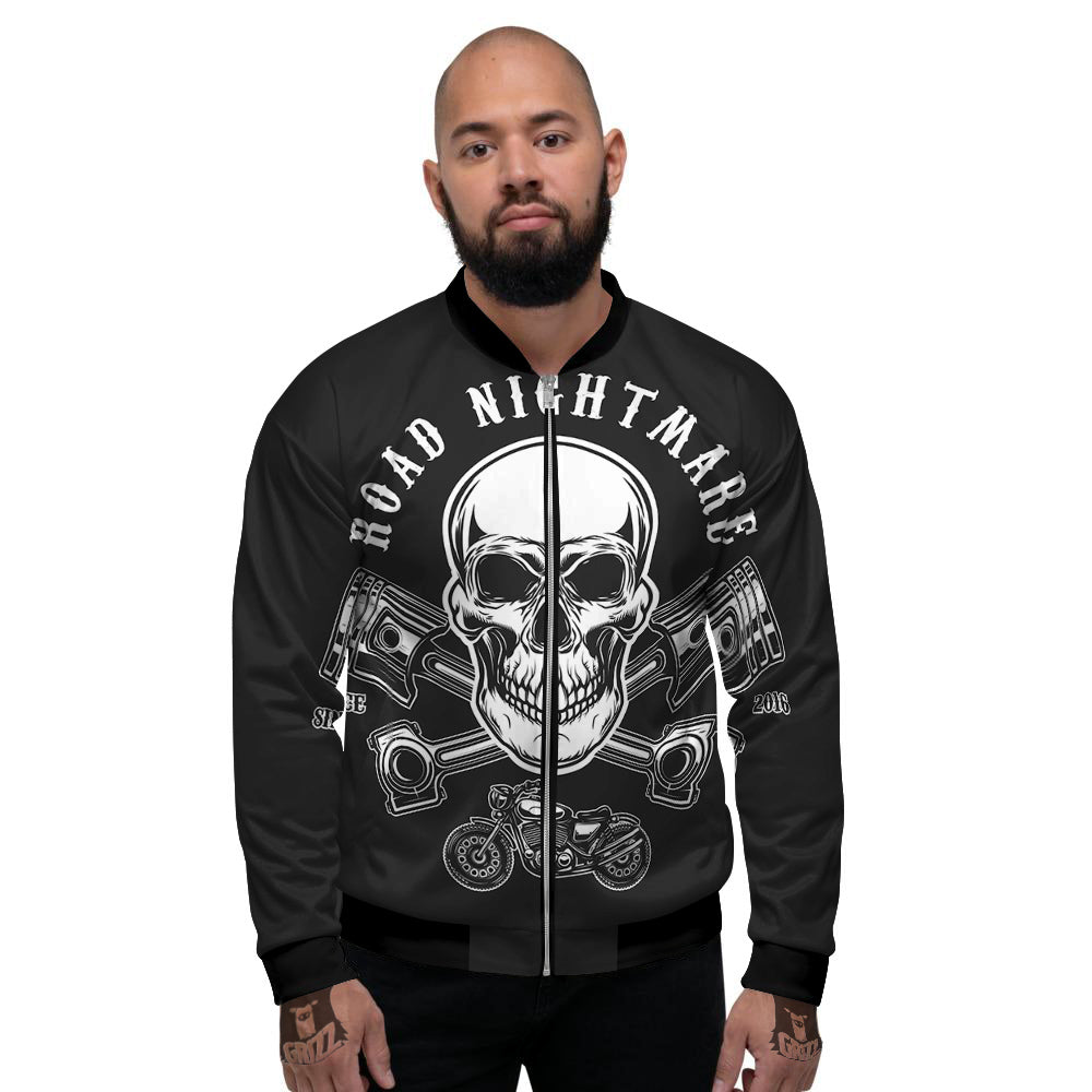 Piston Skull Mechanic Cross Print Men's Bomber Jacket-grizzshop