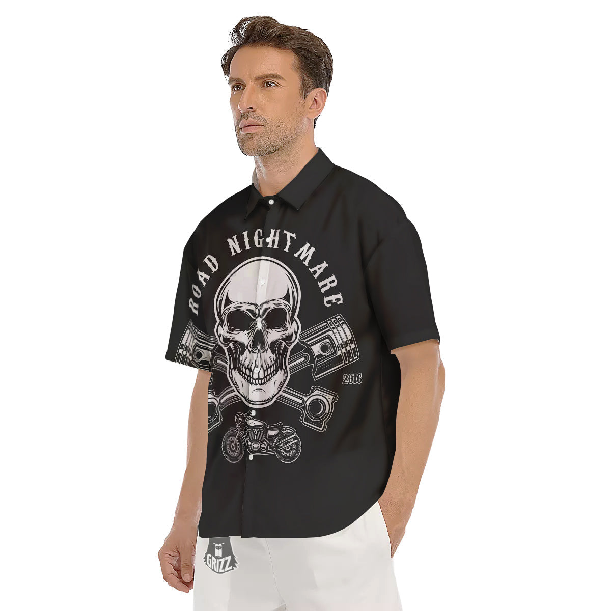 Piston Skull Mechanic Cross Print Men's Short Sleeve Shirts-grizzshop