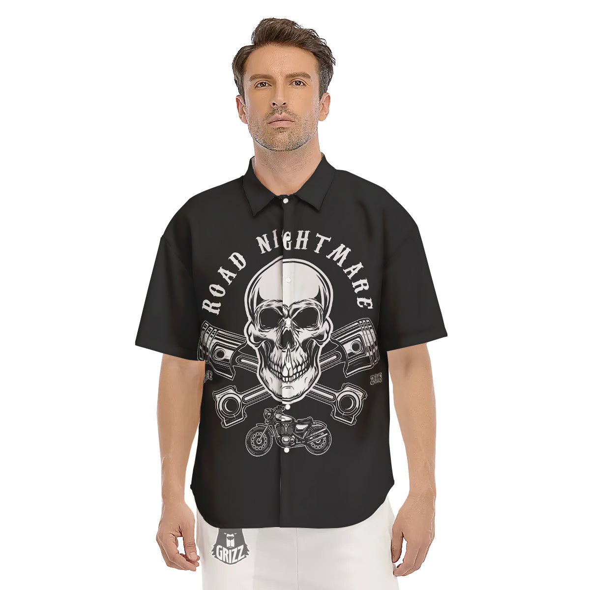 Piston Skull Mechanic Cross Print Men's Short Sleeve Shirts-grizzshop