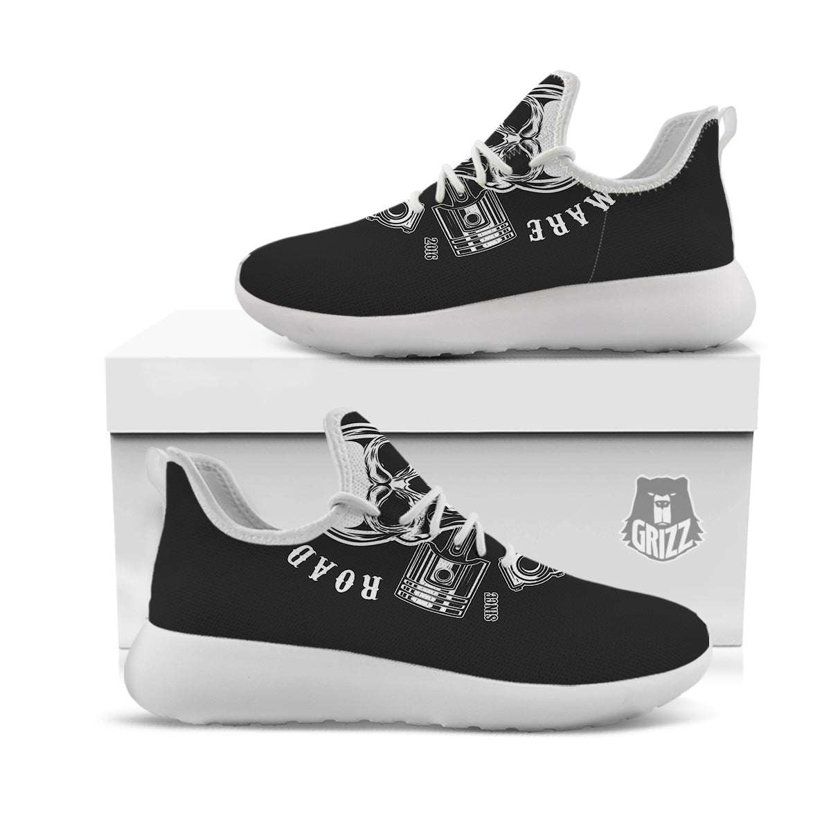 Piston Skull Mechanic Cross Print White Athletic Shoes-grizzshop