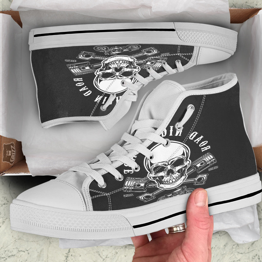 Piston Skull Mechanic Cross Print White High Top Shoes-grizzshop