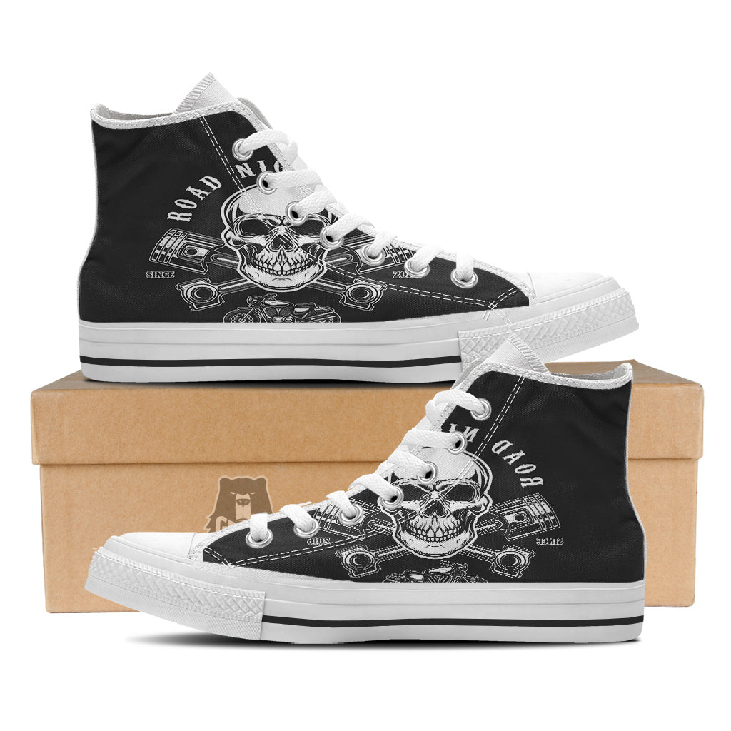 Piston Skull Mechanic Cross Print White High Top Shoes-grizzshop