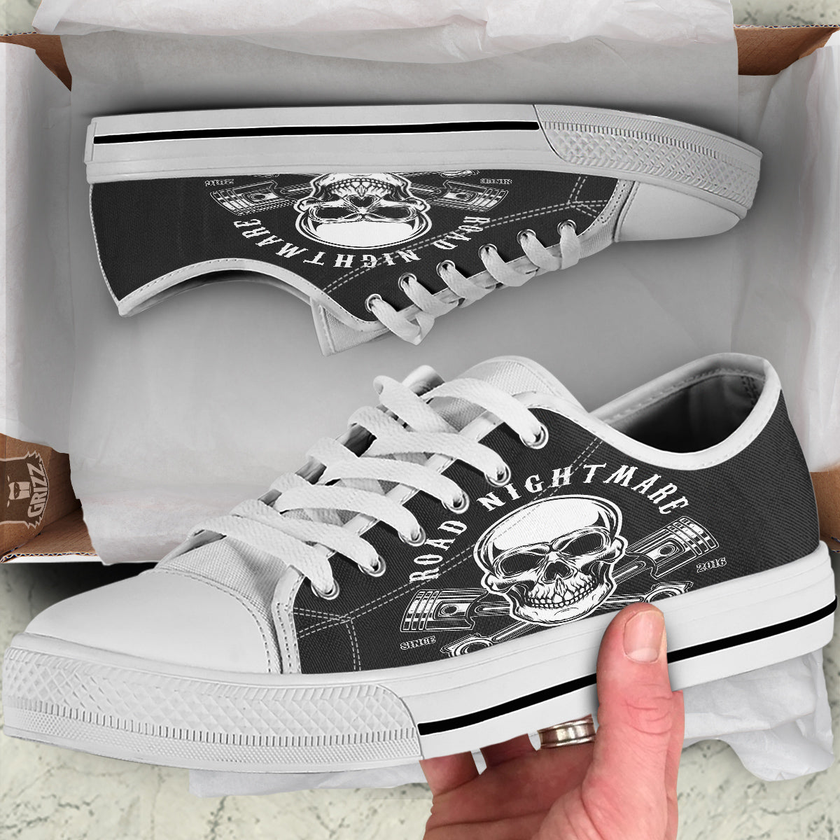 Piston Skull Mechanic Cross Print White Low Top Shoes-grizzshop