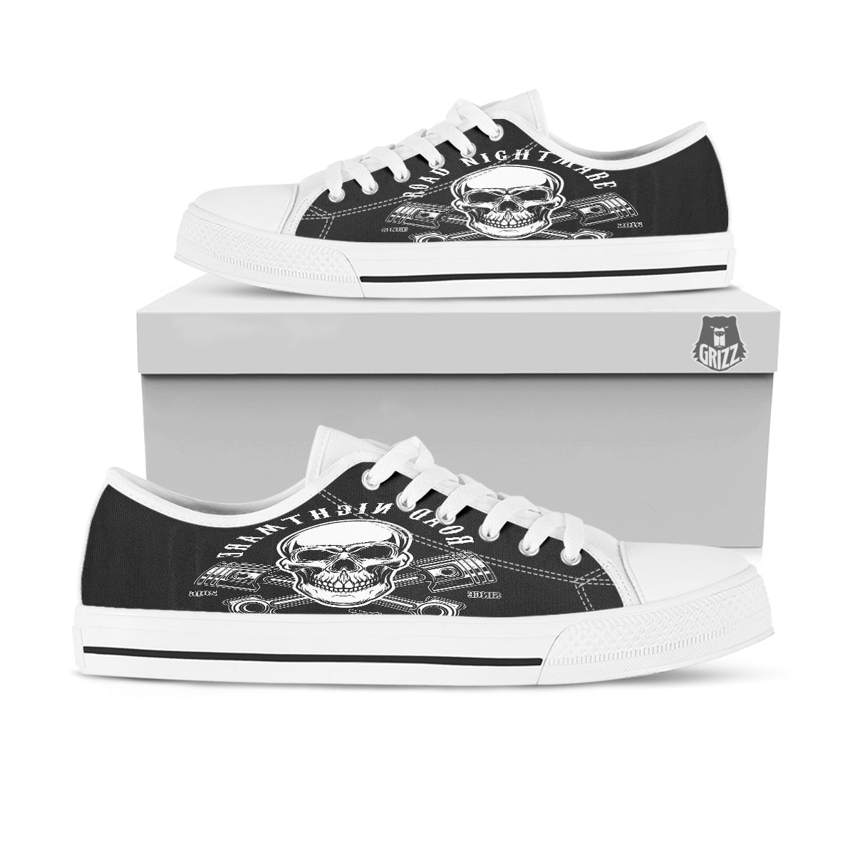 Piston Skull Mechanic Cross Print White Low Top Shoes-grizzshop