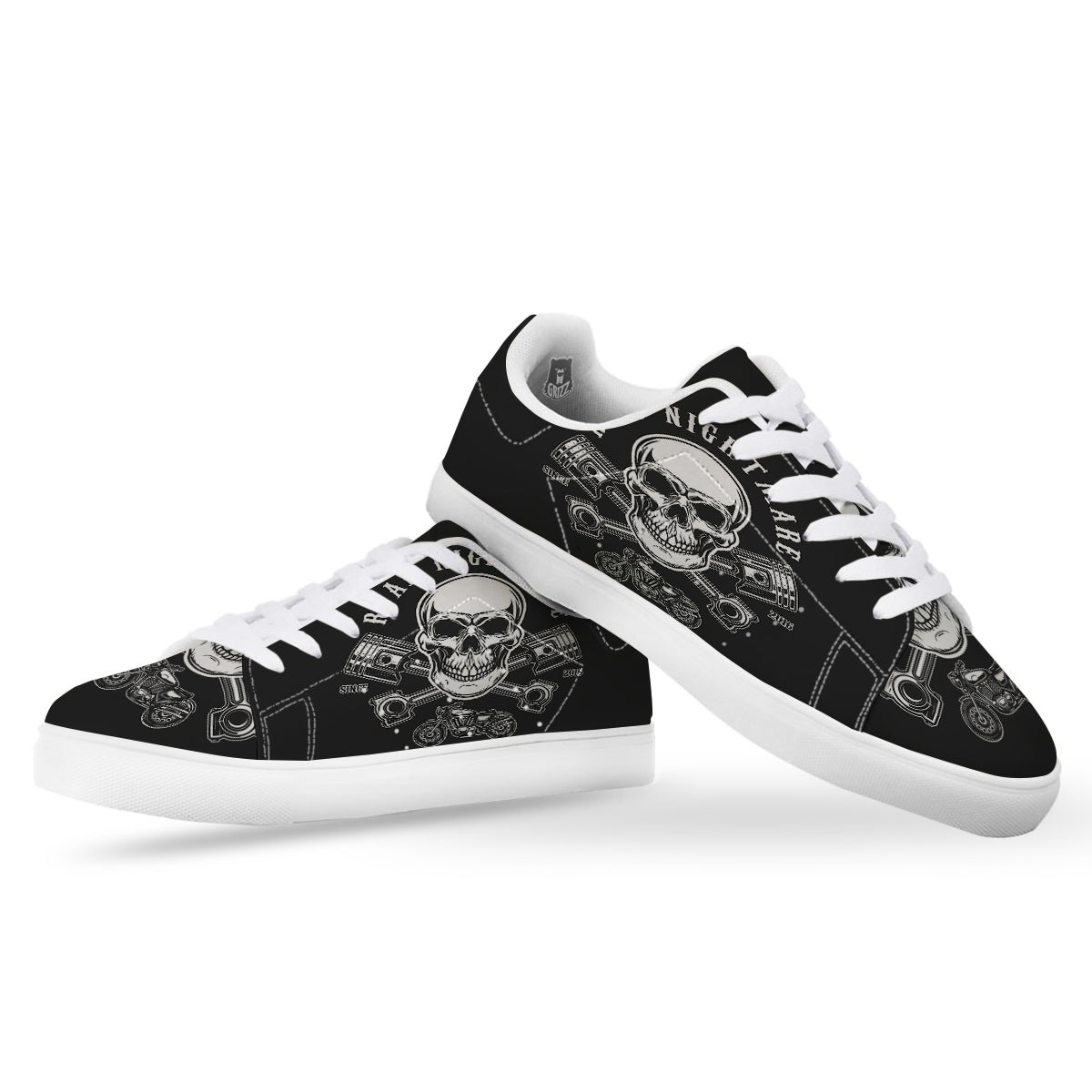 Piston Skull Mechanic Cross Print White Low Top Sneakers-grizzshop
