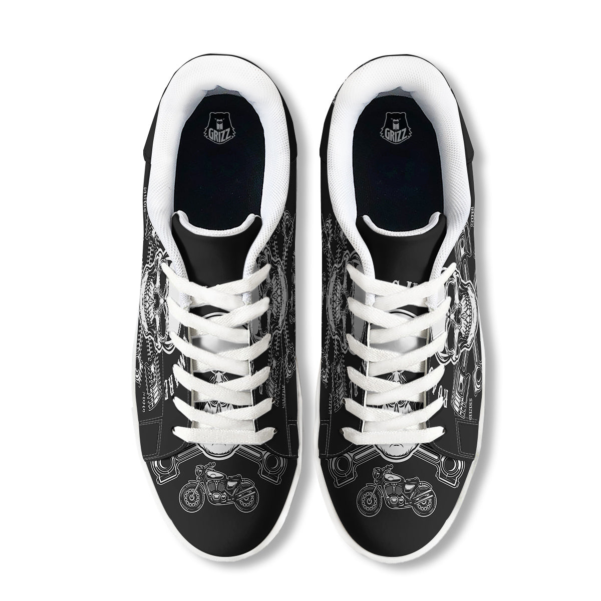 Piston Skull Mechanic Cross Print White Low Top Sneakers-grizzshop