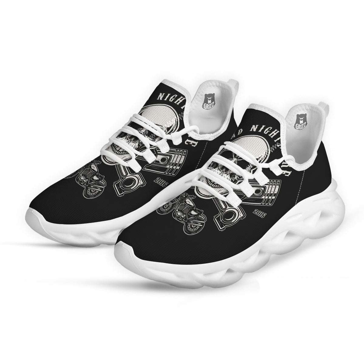 Piston Skull Mechanic Cross Print White Running Shoes-grizzshop