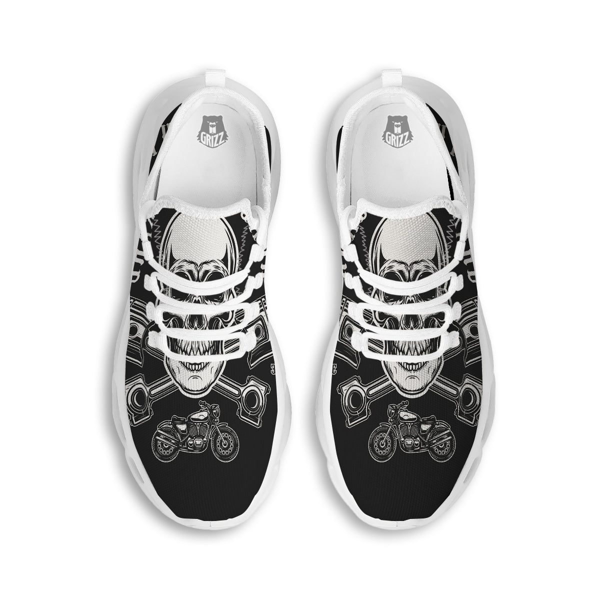 Piston Skull Mechanic Cross Print White Running Shoes-grizzshop