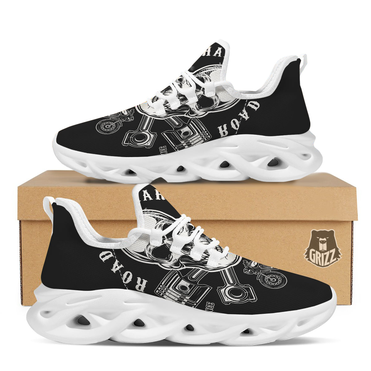 Piston Skull Mechanic Cross Print White Running Shoes-grizzshop