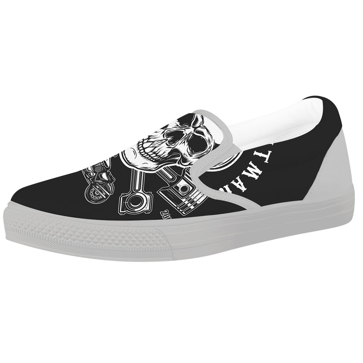 Piston Skull Mechanic Cross Print White Slip On Shoes-grizzshop
