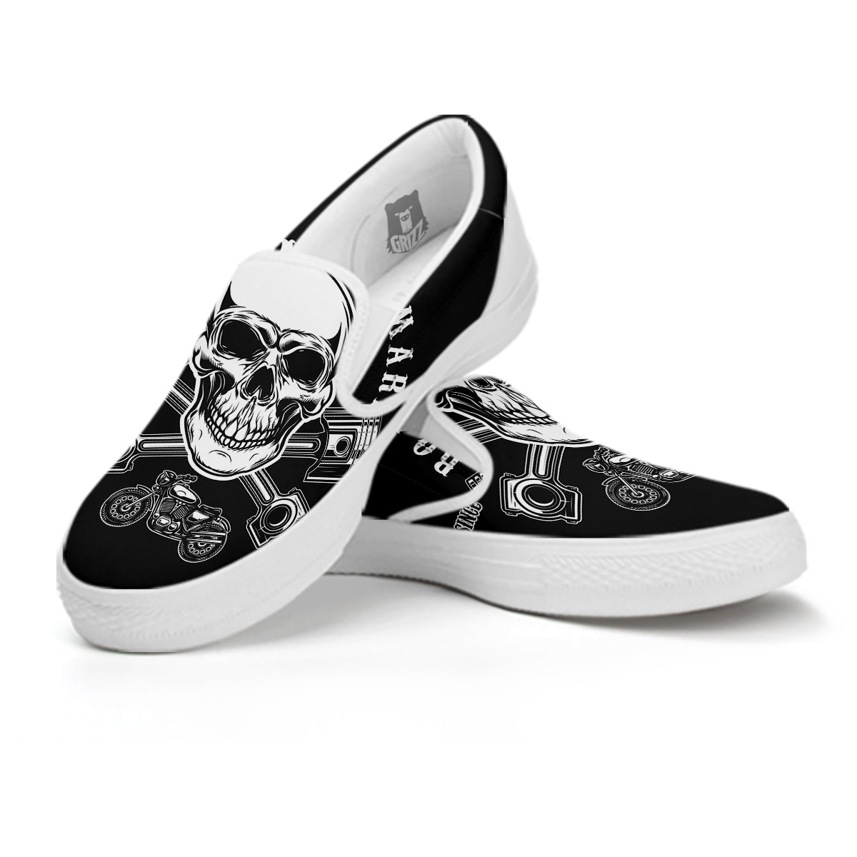 Piston Skull Mechanic Cross Print White Slip On Shoes-grizzshop