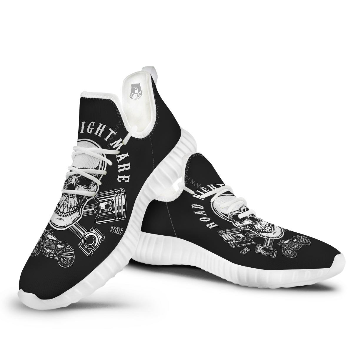 Piston Skull Mechanic Cross Print White Walking Shoes-grizzshop