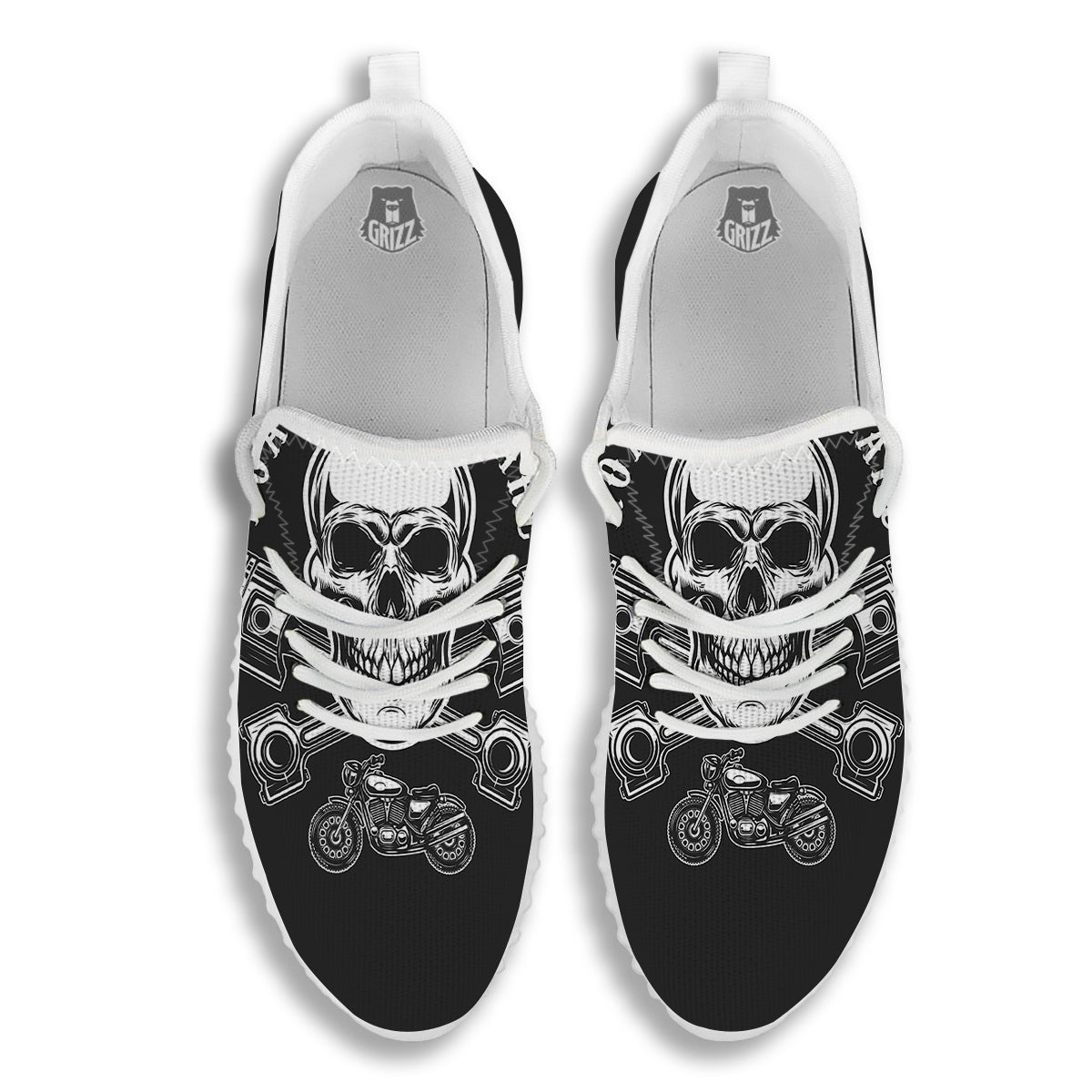 Piston Skull Mechanic Cross Print White Walking Shoes-grizzshop