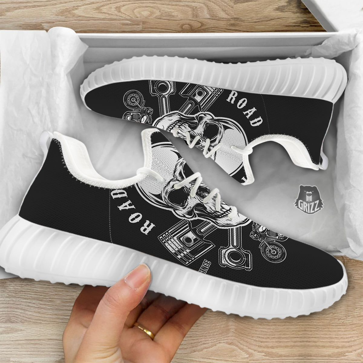Piston Skull Mechanic Cross Print White Walking Shoes-grizzshop