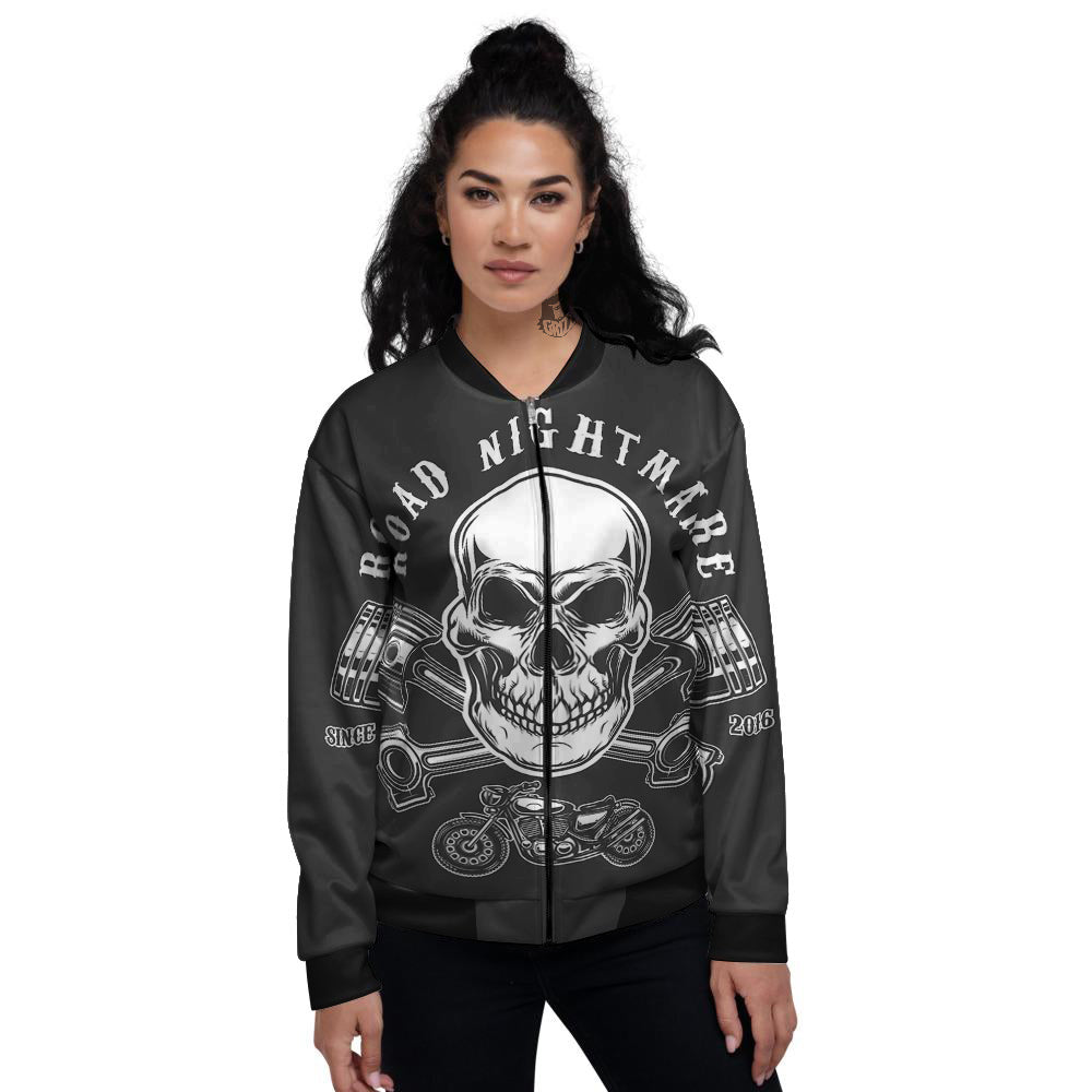 Piston Skull Mechanic Cross Print Women's Bomber Jacket-grizzshop