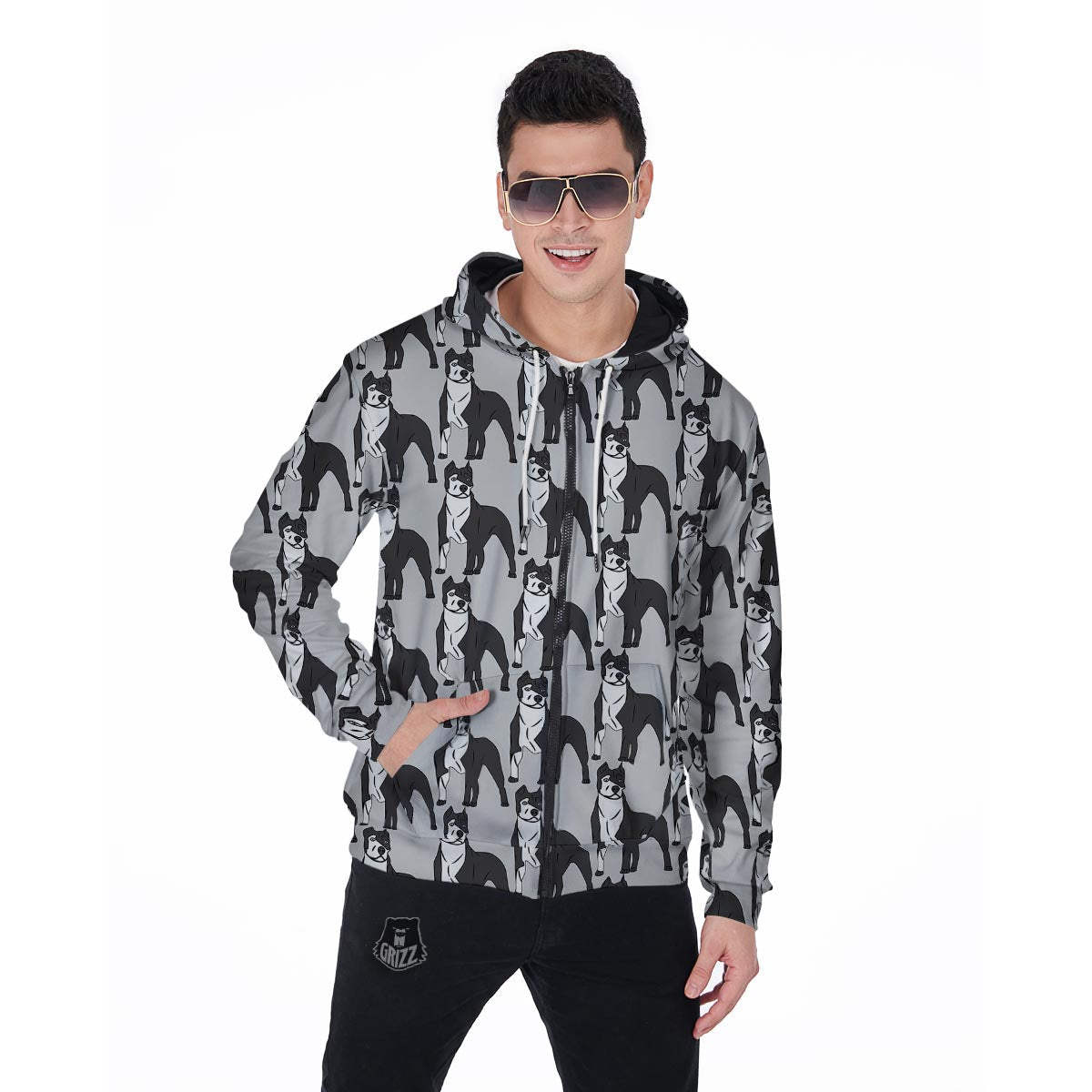 Pitbull Print Men's Zip Up Hoodie-grizzshop
