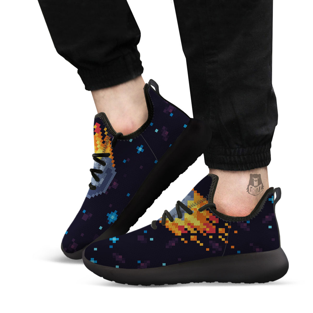 Pixel 8 Bit Meteorite Burnning Print Black Athletic Shoes-grizzshop