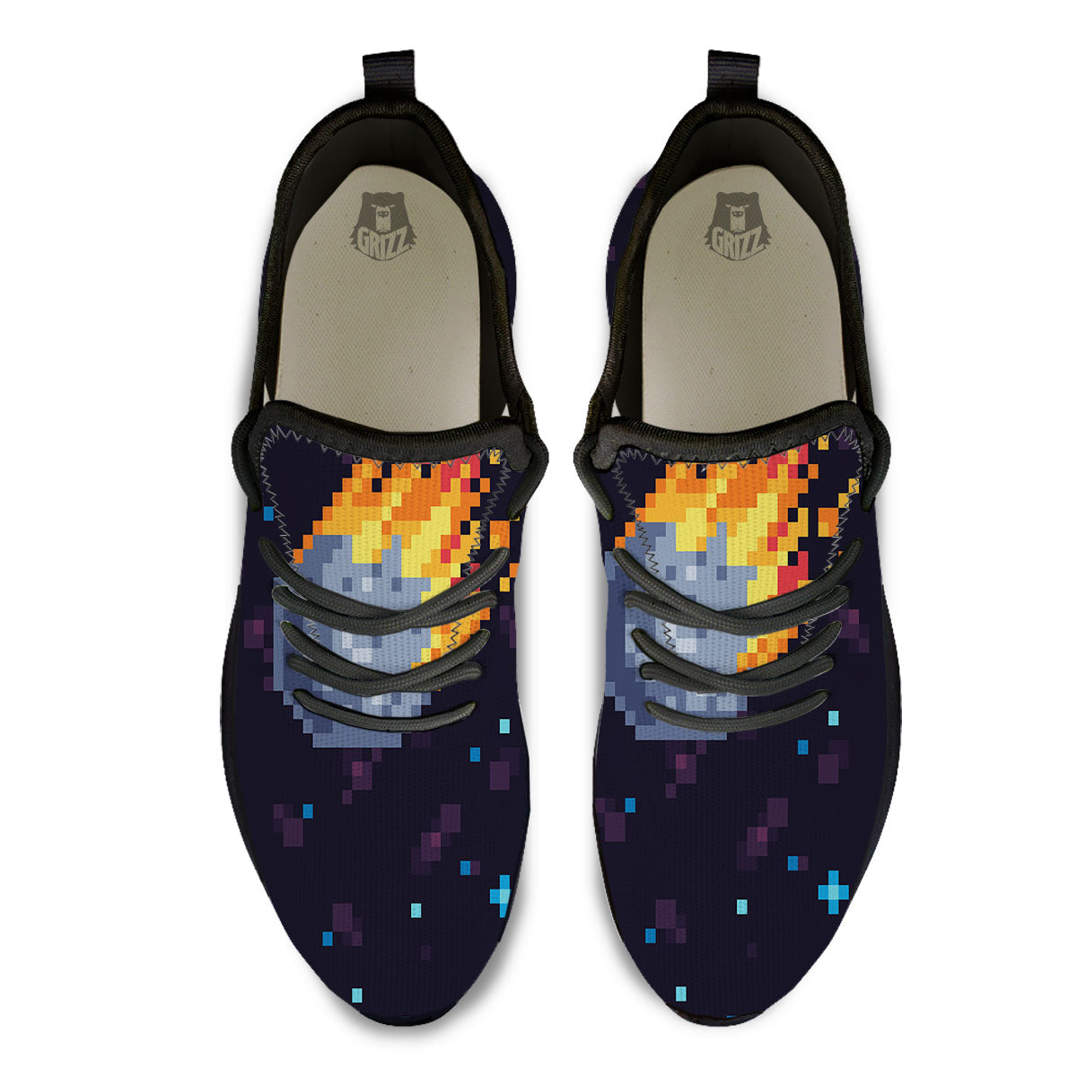 Pixel 8 Bit Meteorite Burnning Print Black Athletic Shoes-grizzshop