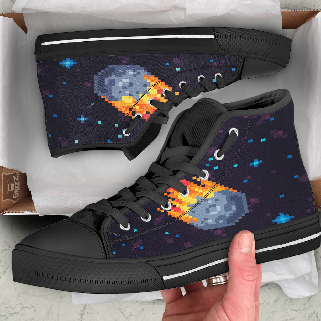 Pixel 8 Bit Meteorite Burnning Print Black High Top Shoes-grizzshop