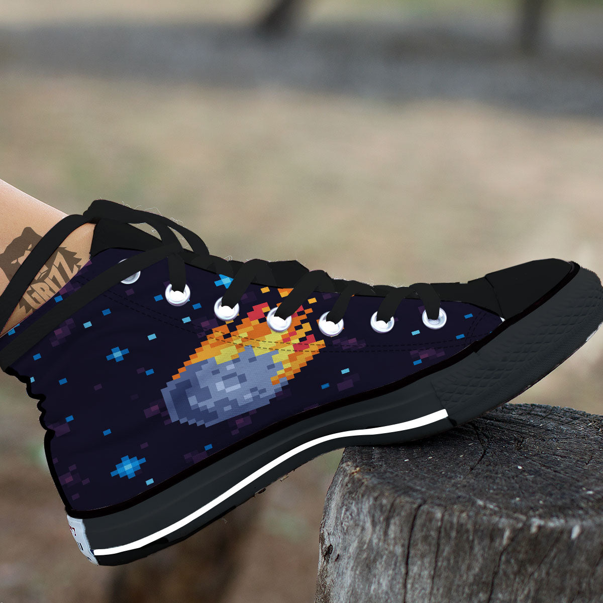 Pixel 8 Bit Meteorite Burnning Print Black High Top Shoes-grizzshop