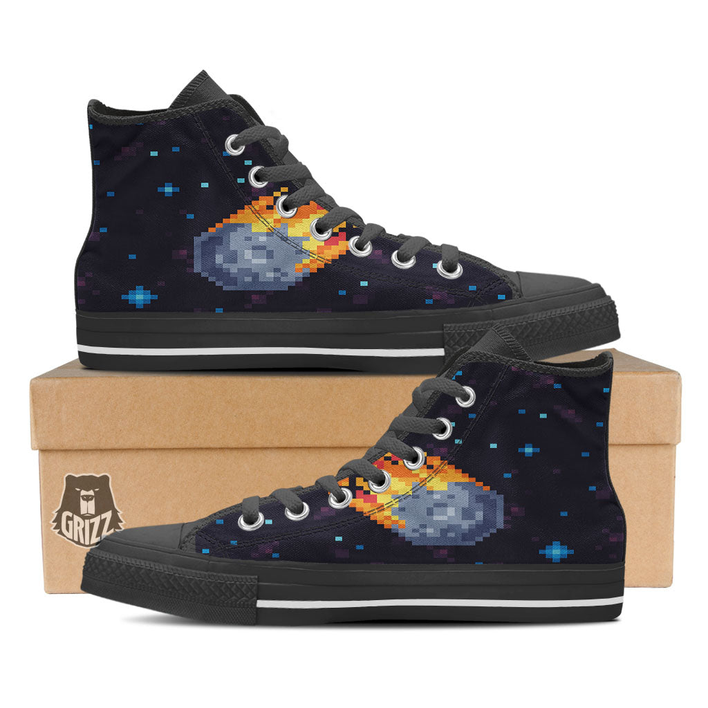 Pixel 8 Bit Meteorite Burnning Print Black High Top Shoes-grizzshop