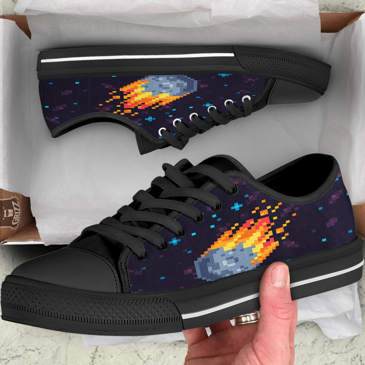 Pixel 8 Bit Meteorite Burnning Print Black Low Top Shoes-grizzshop