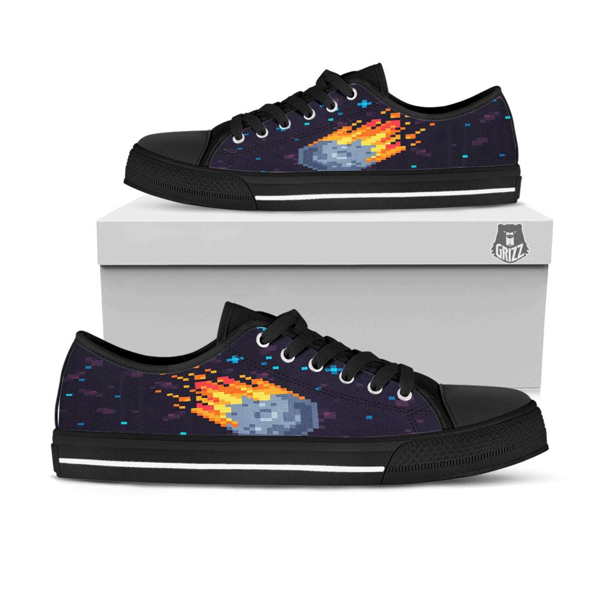 Pixel 8 Bit Meteorite Burnning Print Black Low Top Shoes-grizzshop