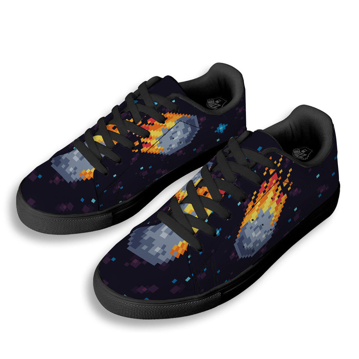 Pixel 8 Bit Meteorite Burnning Print Black Low Top Sneakers-grizzshop