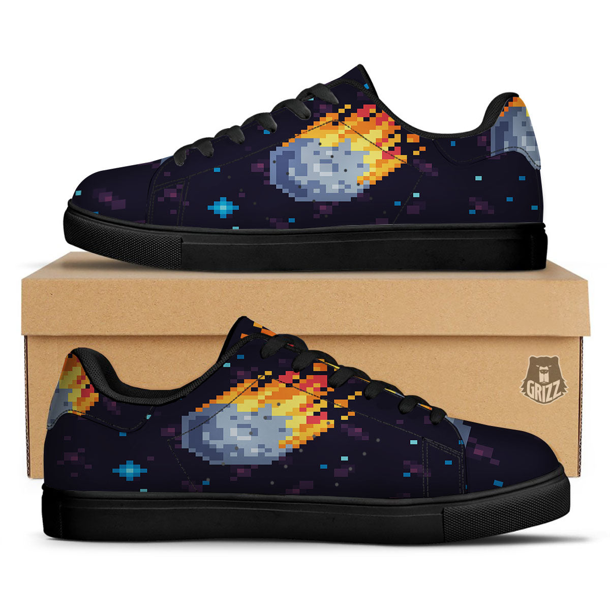 Pixel 8 Bit Meteorite Burnning Print Black Low Top Sneakers-grizzshop