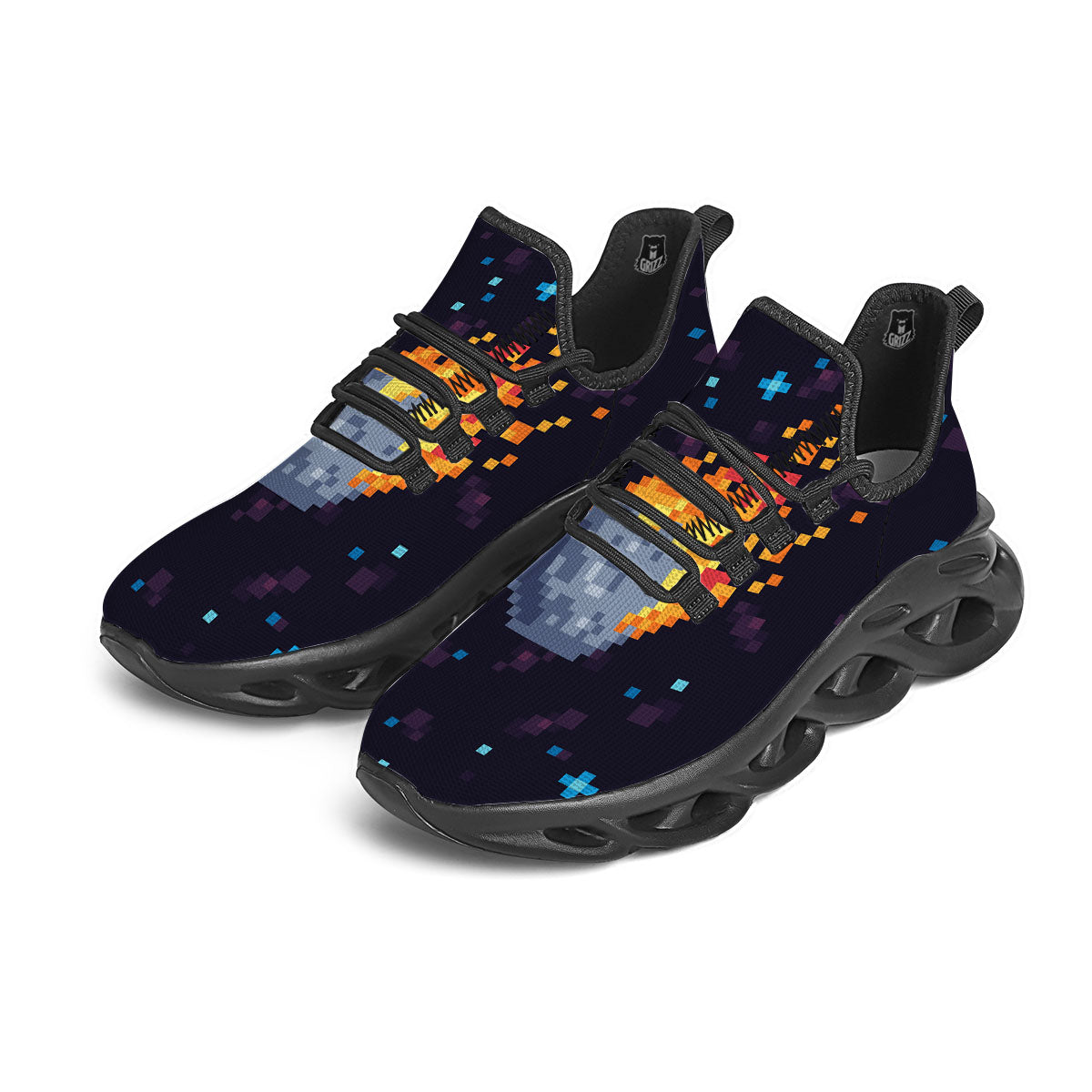 Pixel 8 Bit Meteorite Burnning Print Black Running Shoes-grizzshop