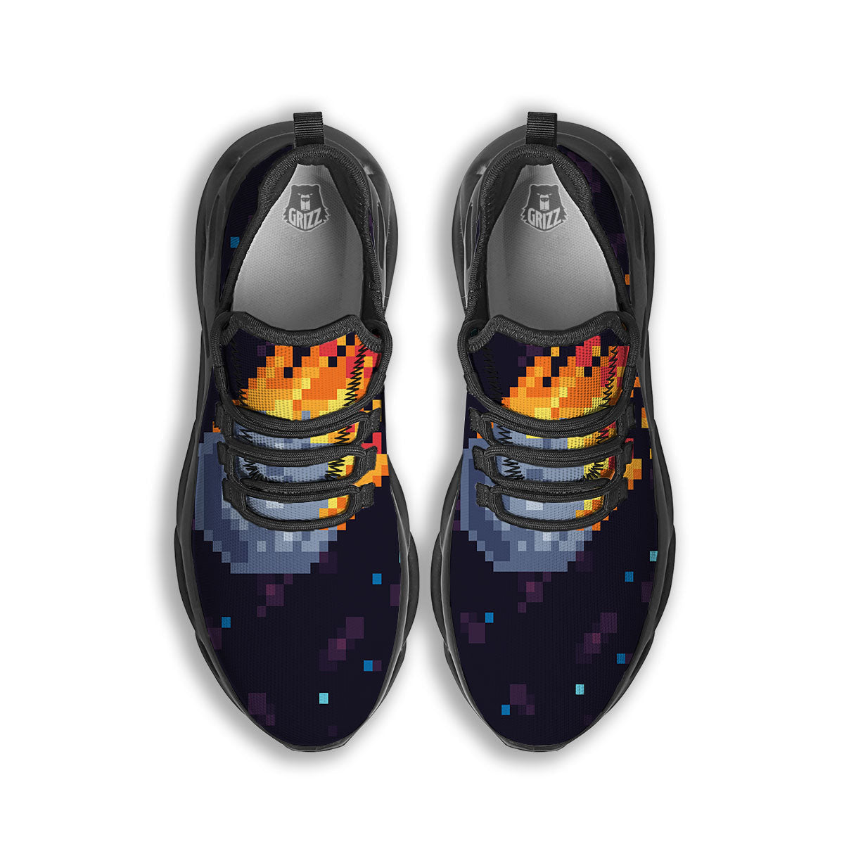 Pixel 8 Bit Meteorite Burnning Print Black Running Shoes-grizzshop