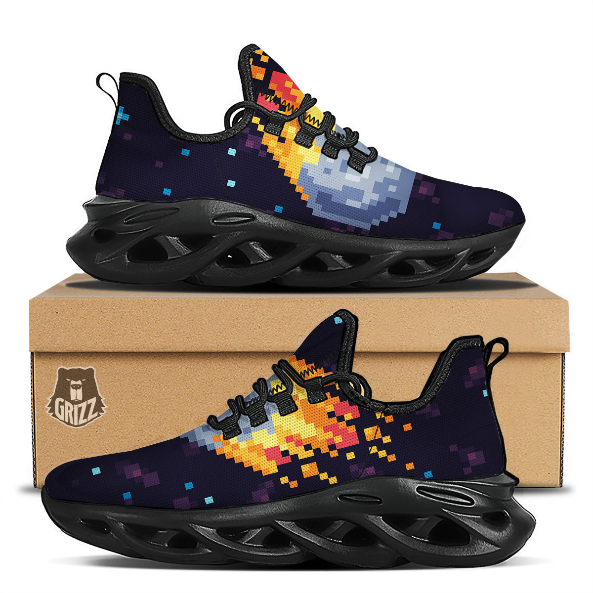 Pixel 8 Bit Meteorite Burnning Print Black Running Shoes-grizzshop