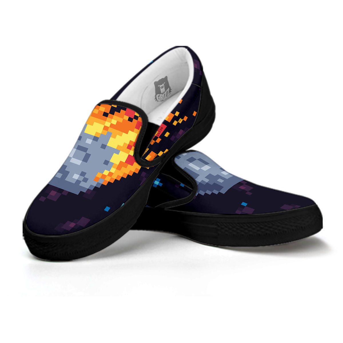 Pixel 8 Bit Meteorite Burnning Print Black Slip On Shoes-grizzshop