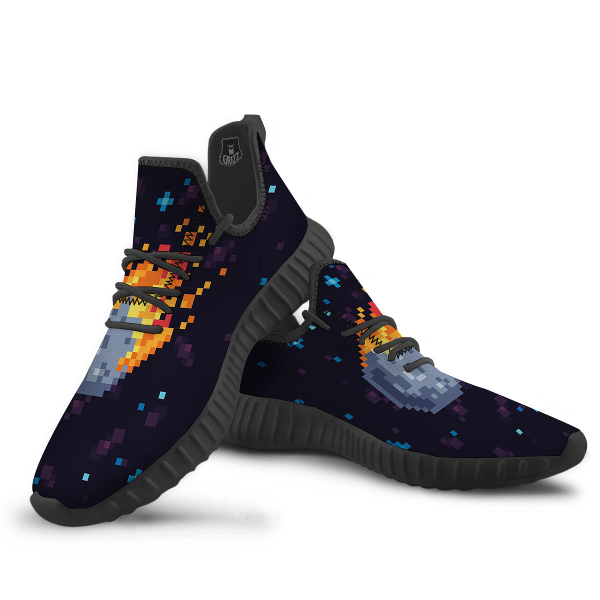 Pixel 8 Bit Meteorite Burnning Print Black Walking Shoes-grizzshop