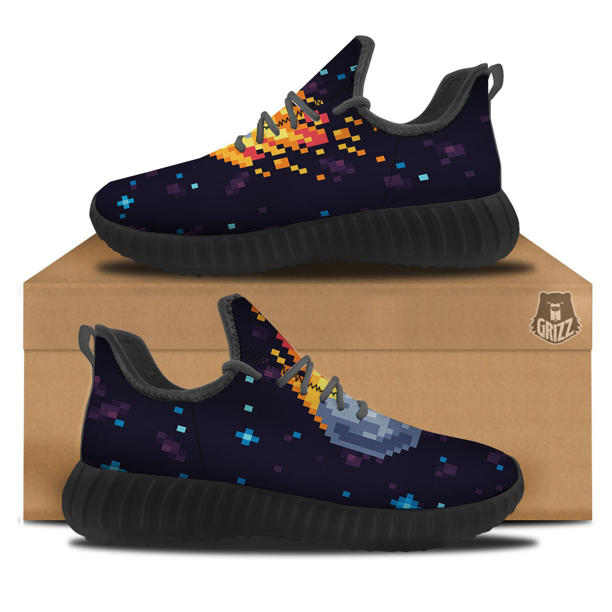 Pixel 8 Bit Meteorite Burnning Print Black Walking Shoes-grizzshop
