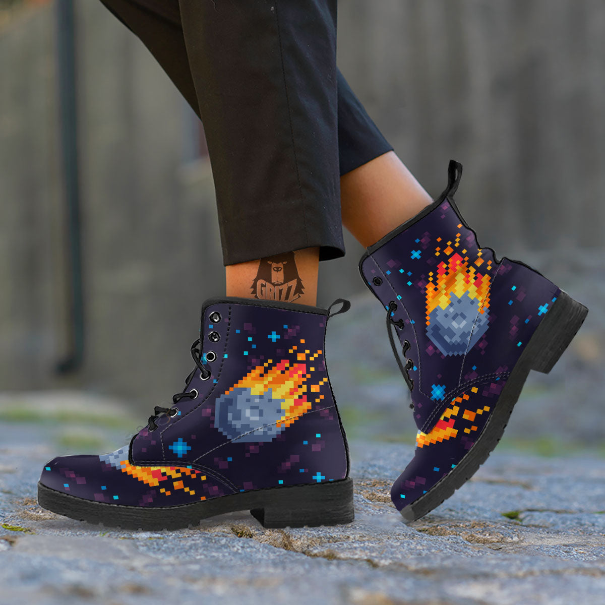 Pixel 8 Bit Meteorite Burnning Print Leather Boots-grizzshop