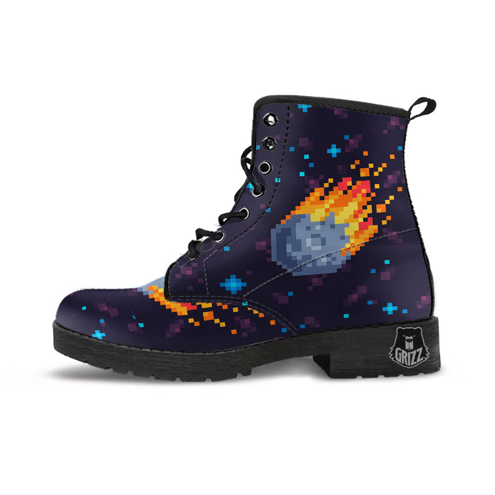 Pixel 8 Bit Meteorite Burnning Print Leather Boots-grizzshop