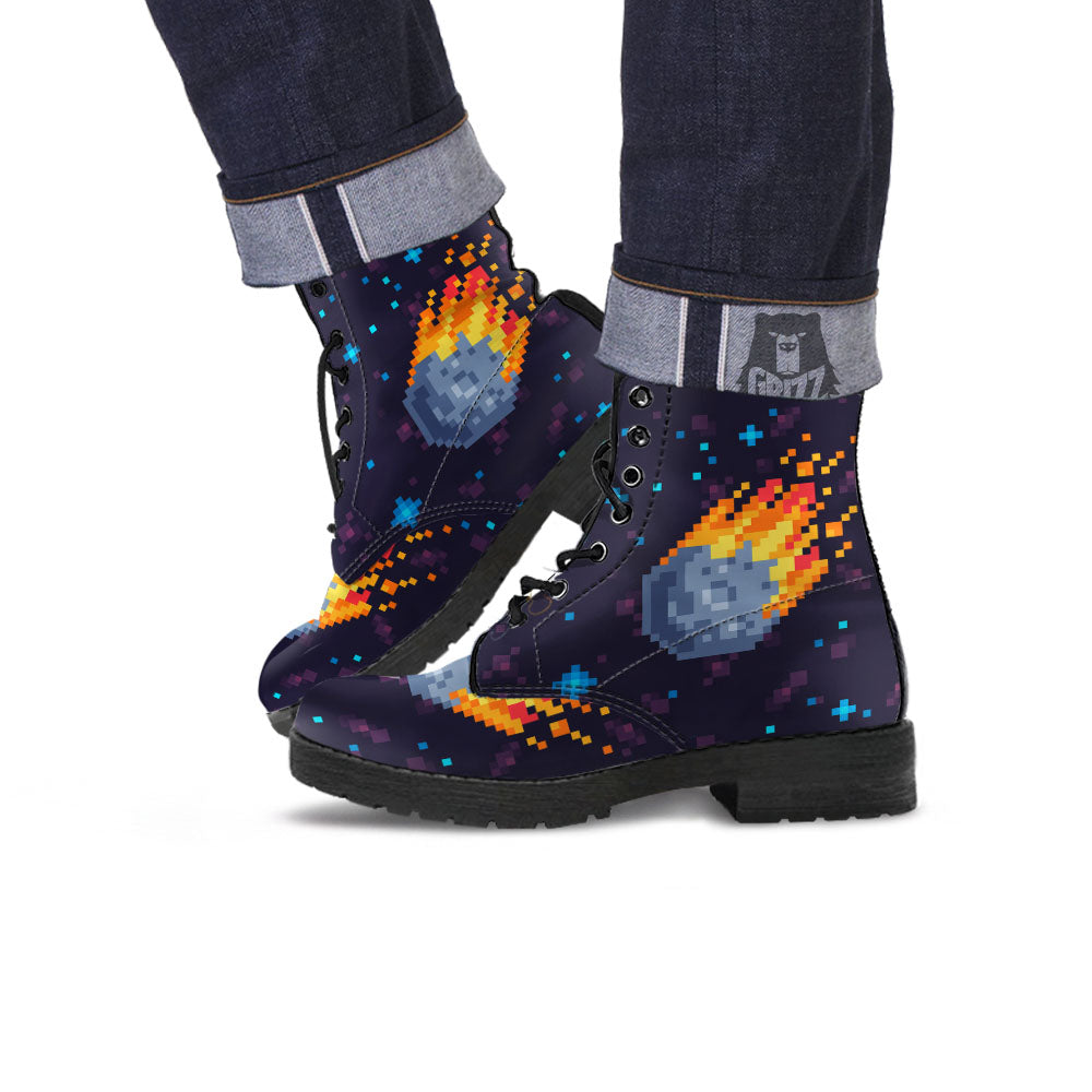 Pixel 8 Bit Meteorite Burnning Print Leather Boots-grizzshop