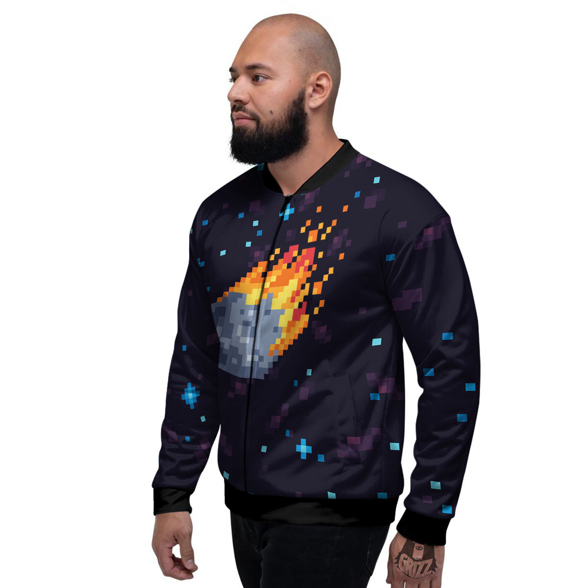 Pixel 8 Bit Meteorite Burnning Print Men's Bomber Jacket-grizzshop