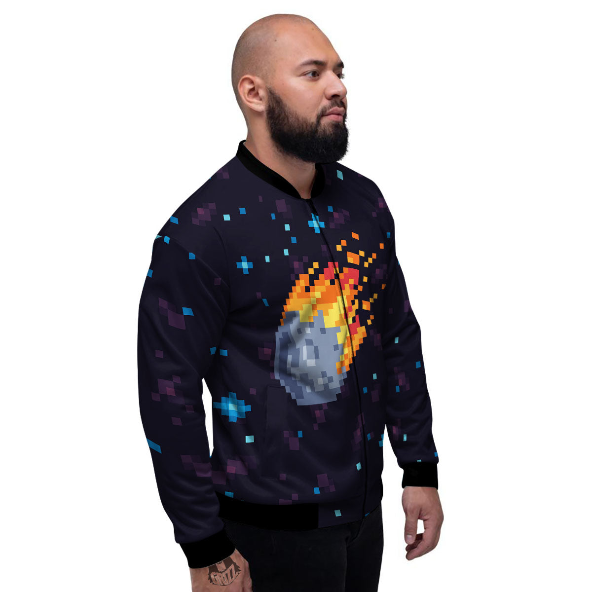 Pixel 8 Bit Meteorite Burnning Print Men's Bomber Jacket-grizzshop