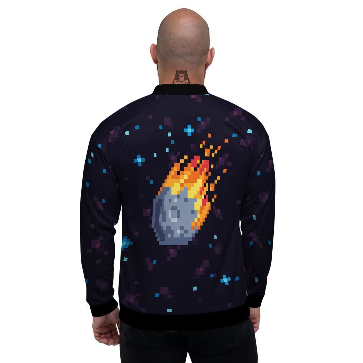Pixel 8 Bit Meteorite Burnning Print Men's Bomber Jacket-grizzshop