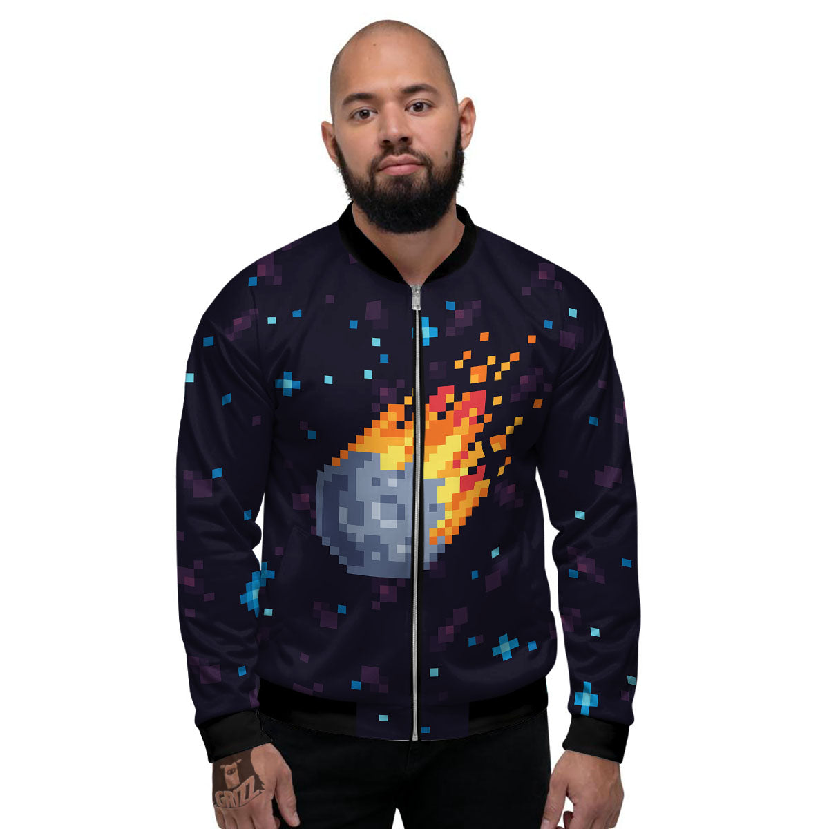 Pixel 8 Bit Meteorite Burnning Print Men's Bomber Jacket-grizzshop
