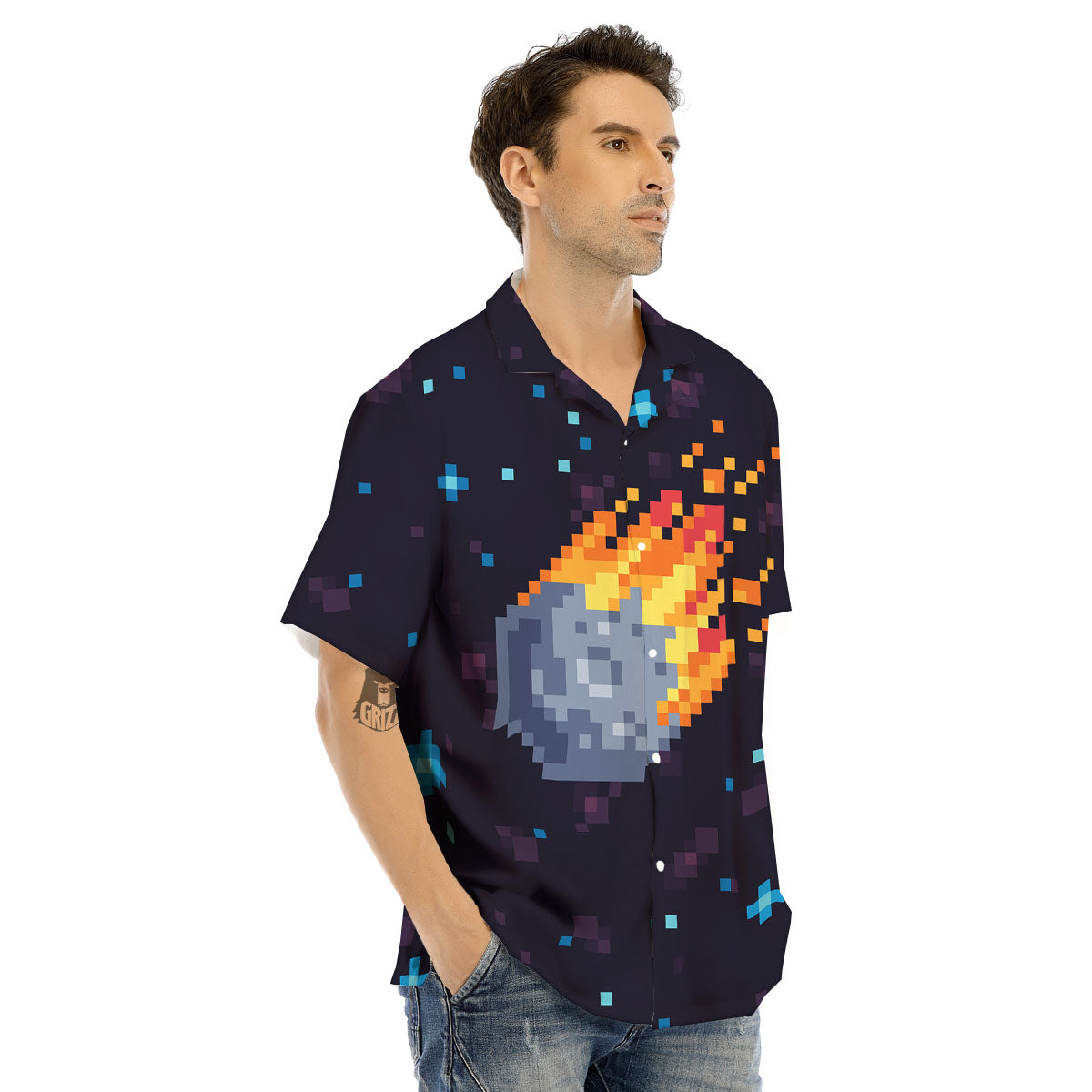 Pixel 8 Bit Meteorite Burnning Print Men's Hawaiian Shirt-grizzshop